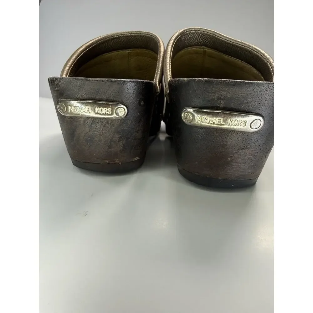 Michael Kors Gold Studded Leather Mule Wedge Heels Closed Toe Slip On 8 M